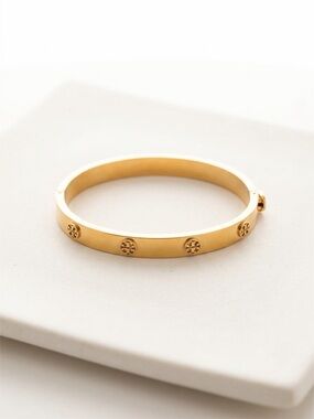 Tory Burch Gold Logo-Stud Hinged Bangle Bracelet